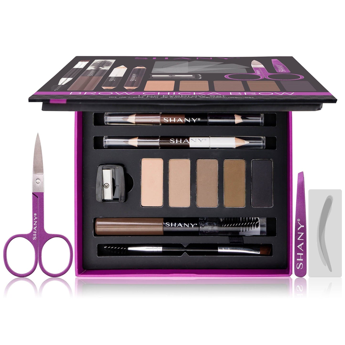SHANY Brow Chicka Brow Eyebrow Set - 17 Piece Eyebrow Makeup Kit with Brow Powder, Brow Gel, Dual Ended Pencils, Stencils, Scissors, and Tweezers - All Hair Colors - SHOP - BROW MAKEUP - ITEM# SH-EB600